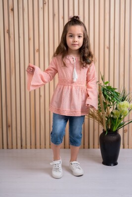 2-Piece Girl Set with Pompom Voile and Capri 3-6Y Büşra Bebe 1016-211124 Пудра