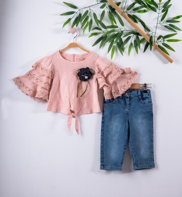 2-Piece Girl Set with Ruffled Blouse and Capri Jean 3-6Y Büşra Bebe 1016-211121 - Büşra Bebe