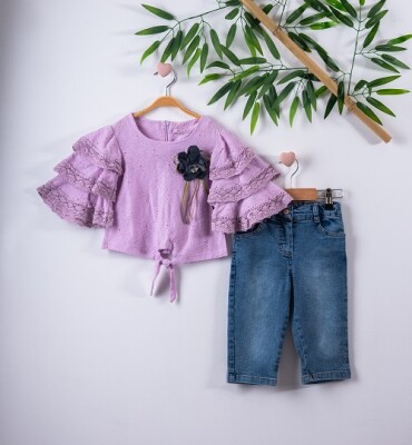 2-Piece Girl Set with Ruffled Blouse and Capri Jean 3-6Y Büşra Bebe 1016-211121 - Büşra Bebe (1)