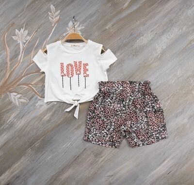 2-Piece Girl Set With Shorts and Tshirt 7-10Y Büşra Bebe 1016-221072 Blanced Almond