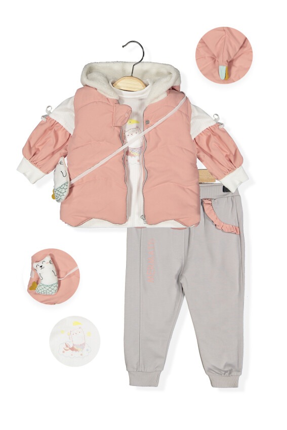 4-Piece Baby Girl Set with Jacket and Fish Bag 0-18M Boncuk Bebe 1006-6046 - 1