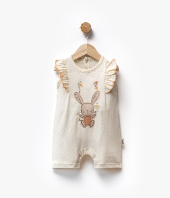 Baby Girl Rabbit Embroidered Ruffle Detailed Jumpsuit 3-9M Flexi Baby 2063-236585 Cream