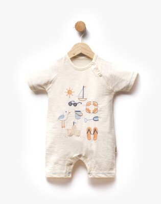 Beach Symbols Embroidered Short Sleeve Jumpsuit 3-9M Flexi Baby 2063-236582 Cream