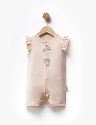 Dolphin and Slipper Embroidered Sleeves Ruffle Detailed Jumpsuit 3-9M Flexi Baby 2063-236574 Salmon Color 