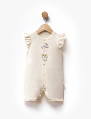 Dolphin and Slipper Embroidered Sleeves Ruffle Detailed Jumpsuit 3-9M Flexi Baby 2063-236574 Cream