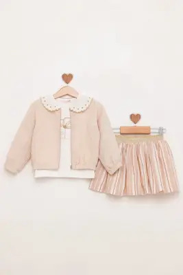 Embroidered Baby Collar Jacket Skirt Set 1-4Y BabyRose 1002-4853 Beige