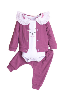 Embroidered Collar Cardigan and Bodysuit 3-Piece Set 3-12M Kidexs 1026-90176 Purple