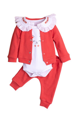 Embroidered Collar Cardigan and Bodysuit 3-Piece Set 3-12M Kidexs 1026-90176 - Kidexs