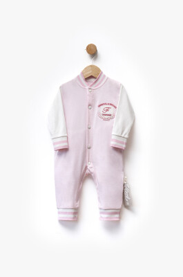 F Letter Embroidered Striped Cuffed Front Snap Two Color Jumpsuit 3-9M Flexi Baby 2063-252369 Pink