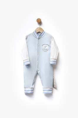 F Letter Embroidered Striped Cuffed Front Snap Two Color Jumpsuit 3-9M Flexi Baby 2063-252369 Baby Blue2