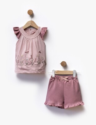 Floral Embroidered Sleeves Ruffle Detailed T-Shirt Shorts Two Piece Set 6-36M Flexi Baby 2063-216394 Purple