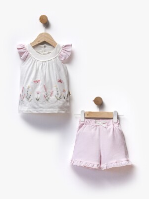 Floral Embroidered Sleeves Ruffle Detailed T-Shirt Shorts Two Piece Set 6-36M Flexi Baby 2063-216394 - Flexi Baby