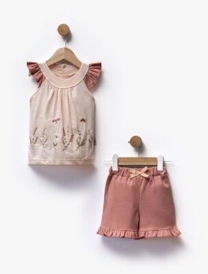 Floral Embroidered Sleeves Ruffle Detailed T-Shirt Shorts Two Piece Set 6-36M Flexi Baby 2063-216394 Salmon Color 