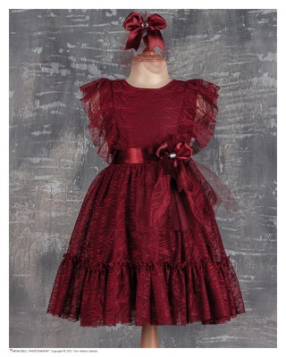 Girl Dress with Belt 6-12Y Tivido 1042-2112 Claret Red