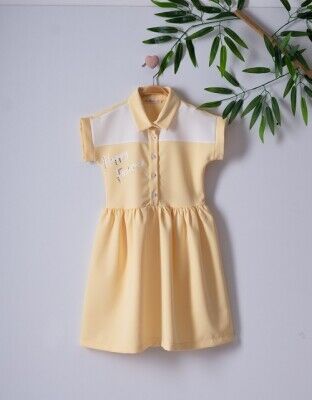 Girl Dress with Happy Forever Printed 7-10Y Büşra Bebe 1016-221019 Yellow