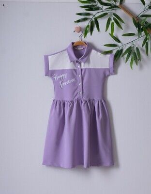 Girl Dress with Happy Forever Printed 7-10Y Büşra Bebe 1016-221019 Lilac