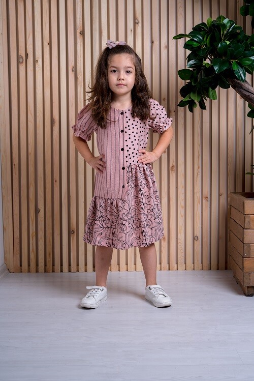 Girl Dress with Patchwork Ballon Sleeve 3-6Y Büşra Bebe 1016-211017 - 2