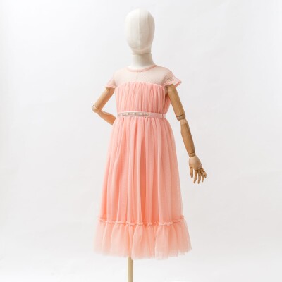 Girl Dress with Tulle 6-12Y Wecan 1022-22303 Salmon Color 
