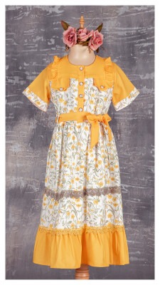 Girls Dress with Button 9-12Y Tivido 1042-2294 Mustard