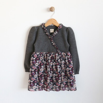 Girls Dress with Tulle Skirt and Flower Patterned 2-5Y Lilax 1049-5766 Anthracite Color
