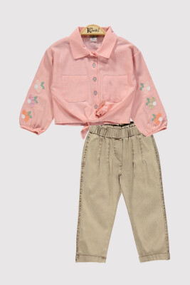 Girl's Shirt Set with Floral Embroidered Sleeves 2-5 Years Kumru Bebe 1075-4326 Salmon Color 