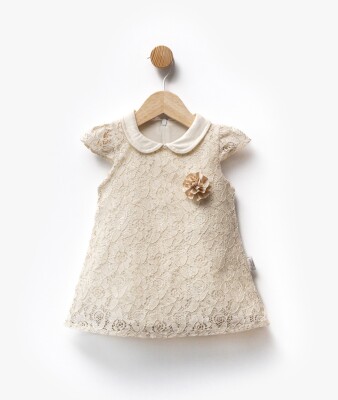 Lace Fabric Lined Flower Brooch Collared Dress 6-36M Bebbemini 2065-BM-2353 Beige