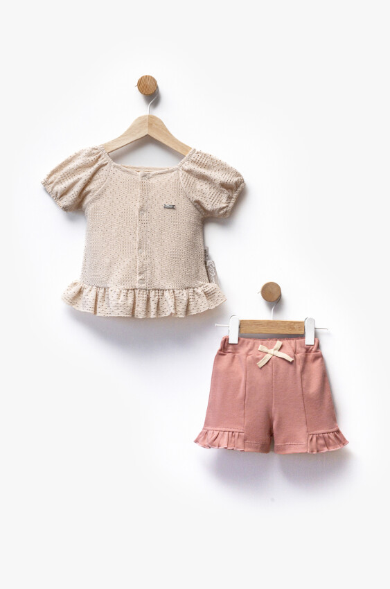 Self-Patterned Fabric Gathered Detail T-Shirt Shorts Two Piece Set 6-36M Flexi Baby 2063-217624 - 4