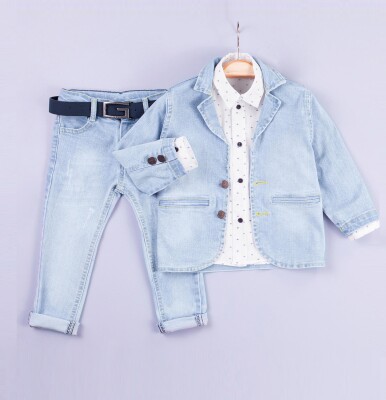 Wholesale 3-Piece Baby Boys Denim Jacket Set with Shirt and Denim Pants 6-24M Gold Class 1010-1208 Льдисто-голубая