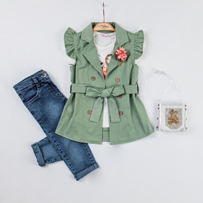 Wholesale 3-Piece Girl Trench Coat Set with Pants and T-shirt 2-6Y Miss Lore 1055-5322 - 1