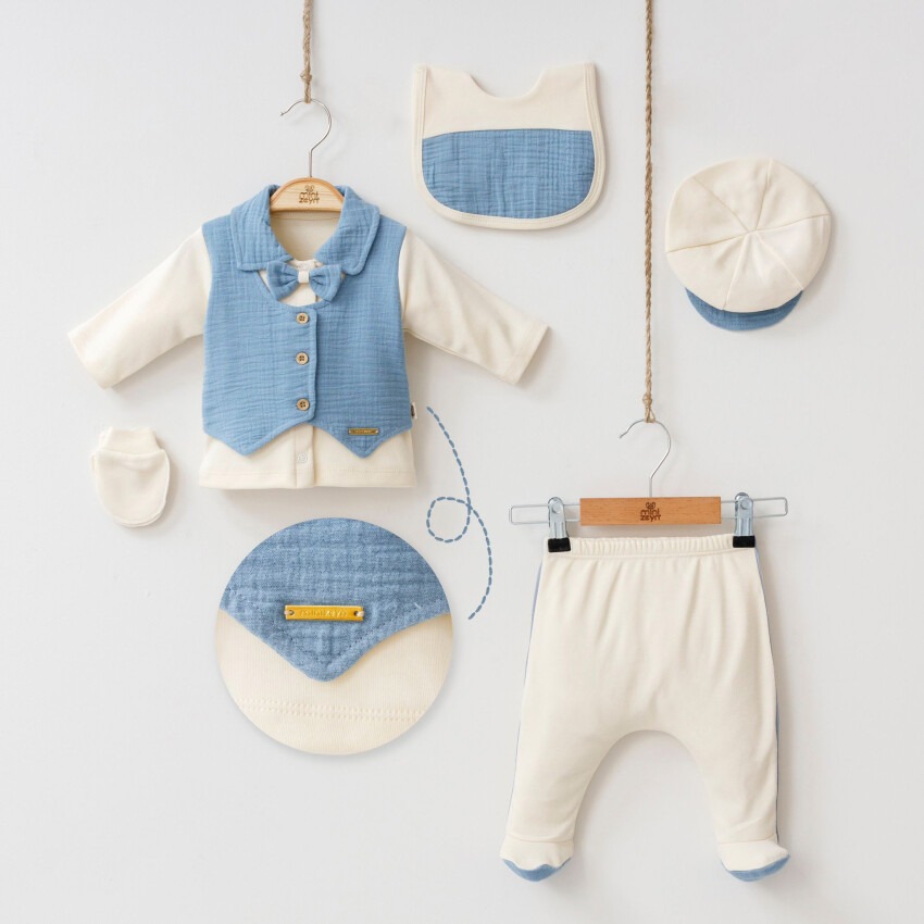 Wholesale 5-Piece Baby Boys Newborn Body Pants Hat Glove Bib Set 0-3M Minizeyn 2014-7048 - 1