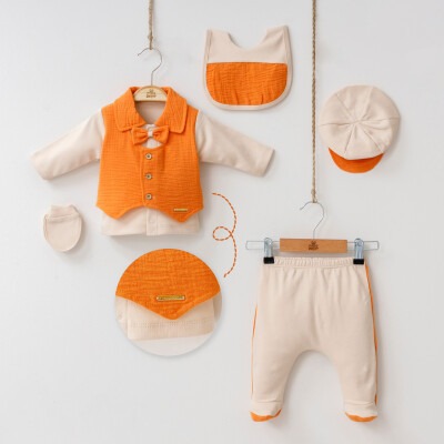 Wholesale 5-Piece Baby Boys Newborn Body Pants Hat Glove Bib Set 0-3M Minizeyn 2014-7048 Оранжевый 
