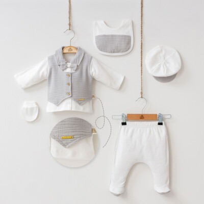 Wholesale 5-Piece Baby Boys Newborn Body Pants Hat Glove Bib Set 0-3M Minizeyn 2014-7048 Серый 