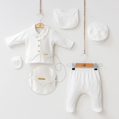Wholesale 5-Piece Baby Boys Newborn Body Pants Hat Glove Bib Set 0-3M Minizeyn 2014-7048 Экрю