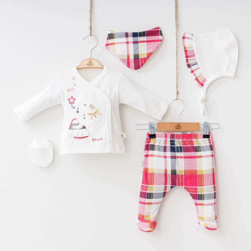 Wholesale 5-Piece Baby Girls Newborn Bodysuit Set with Body Hat Pants 0-3M Minizeyn 2014-7032 - 2