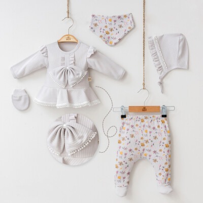 Wholesale 5-Piece Baby Girls Newborn Set Body Pants Hat Bib Glove 0-3M Minizeyn 2014-7043 Серый 