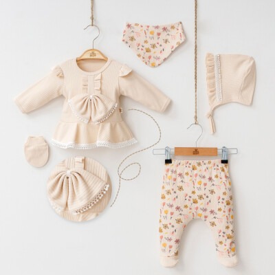 Wholesale 5-Piece Baby Girls Newborn Set Body Pants Hat Bib Glove 0-3M Minizeyn 2014-7043 Бежевый 