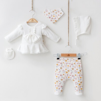 Wholesale 5-Piece Baby Girls Newborn Set Body Pants Hat Bib Glove 0-3M Minizeyn 2014-7043 Экрю