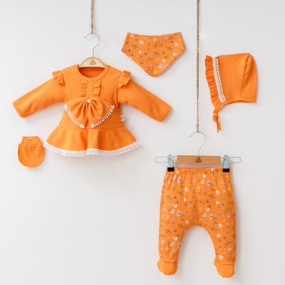 Wholesale 5-Piece Baby Girls Newborn Set Body Pants Hat Bib Glove 0-3M Minizeyn 2014-7043 Оранжевый 