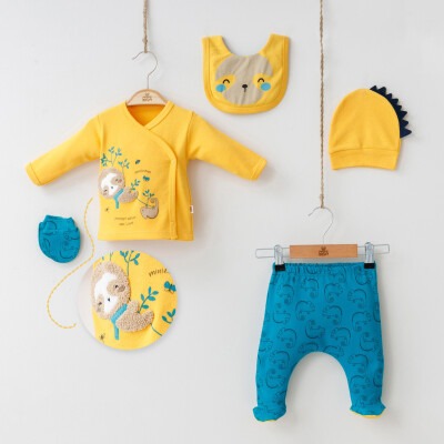 Wholesale 5-Piece Newborn Baby Boys Body Pants Bib Glove and Hat 0-3M Minizeyn 2014-7023 Горчичный