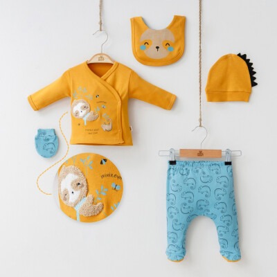 Wholesale 5-Piece Newborn Baby Boys Body Pants Bib Glove and Hat 0-3M Minizeyn 2014-7023 Золотой 