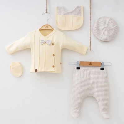 Wholesale 5-Piece Newborn Baby Boys Body Pants Hat Bib Glove 0-3M Minizeyn 2014-7038 Бежевый 