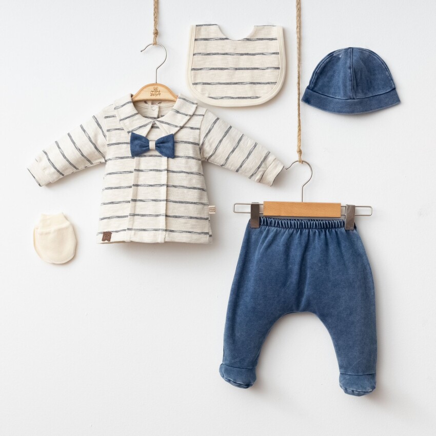 Wholesale Baby Boy 5-Piece Set: Bodysuit Pants Bib and Gloves 0-3M Minizeyn 2014-7066 - 1