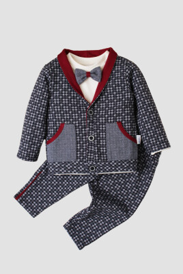 Wholesale Baby Boy Patterned With Bow Tie 3 Pıeces Suits 9-24M Kidexs 1026-90163 - Kidexs (1)