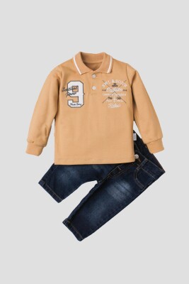 Wholesale Baby Boys 2-Piece Long Sleeve T-Shirt and Denim Pants 9-24M Kidexs 1026-35032 Молочно-кофейный