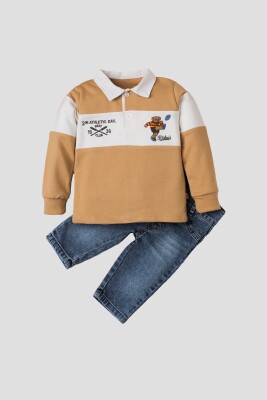 Wholesale Baby Boys 2-Piece Long Sleeve T-Shirt and Denim Pants 9-24M Kidexs 1026-35048 Молочно-кофейный