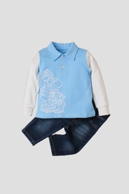 Wholesale Baby Boys 2-Piece Long Sleeve T-Shirt and Denim Pants 9-24M Kidexs 1026-35049 Синий