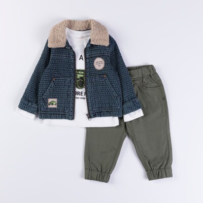 Wholesale Baby Boys 3-Piece Coat, Sweatshirt and Denim Pants Set 9-24M Minibombili 1005-6535 Хаки 