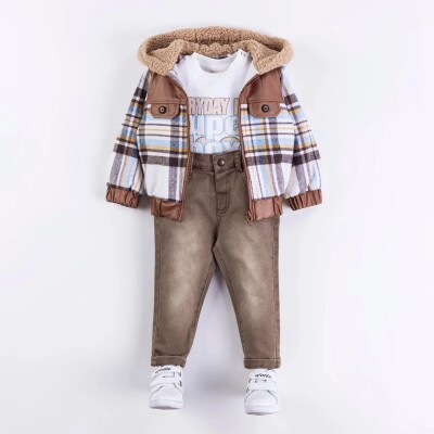 Wholesale Baby Boys 3-Piece Coat, Sweatshirt and Trouser Set 9-24M Minibombili 1005-6543 Молочно-кофейный