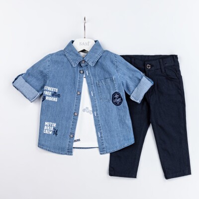 Wholesale Baby Boys 3-Piece Denim Shirt T-Shirt and Pants Set 9-24M Sani 1068-9916 - 2