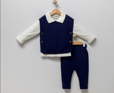 Wholesale Baby Boys 3-Piece Knit Sweater Pants and Long Sleeve T-shirt 3-9M Milarda 2001-6071 Темно-синий